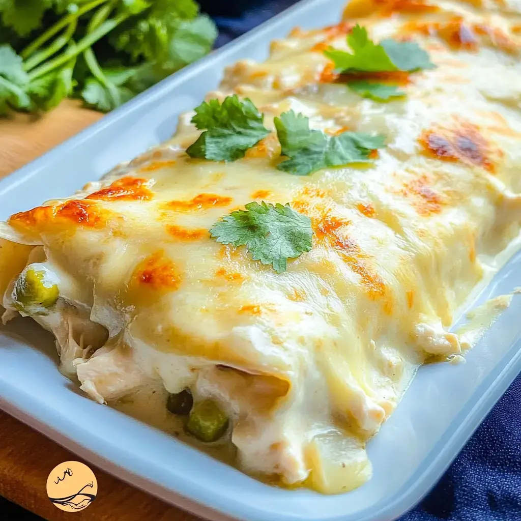 A close-up of cheesy chicken enchiladas topped with fresh cilantro on a white plate.