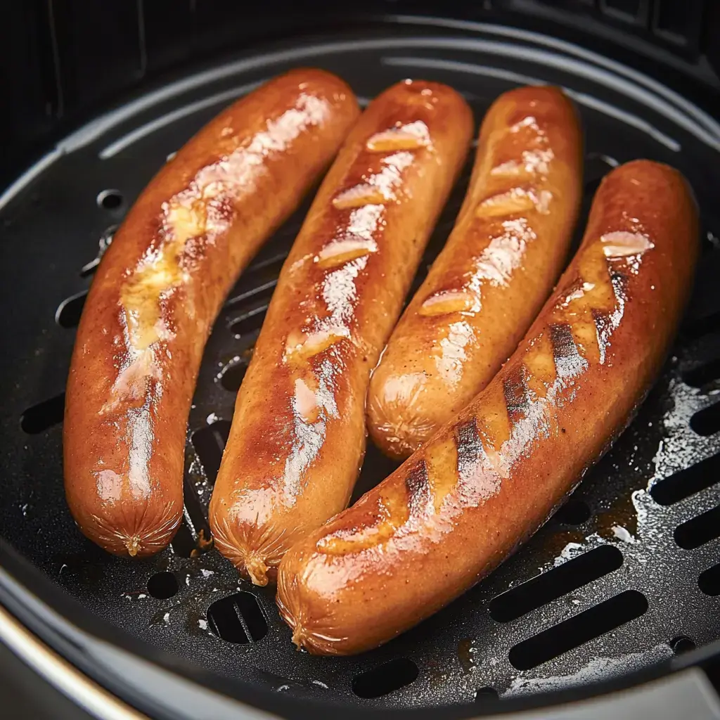 Four grilled sausages are placed in an air fryer basket.