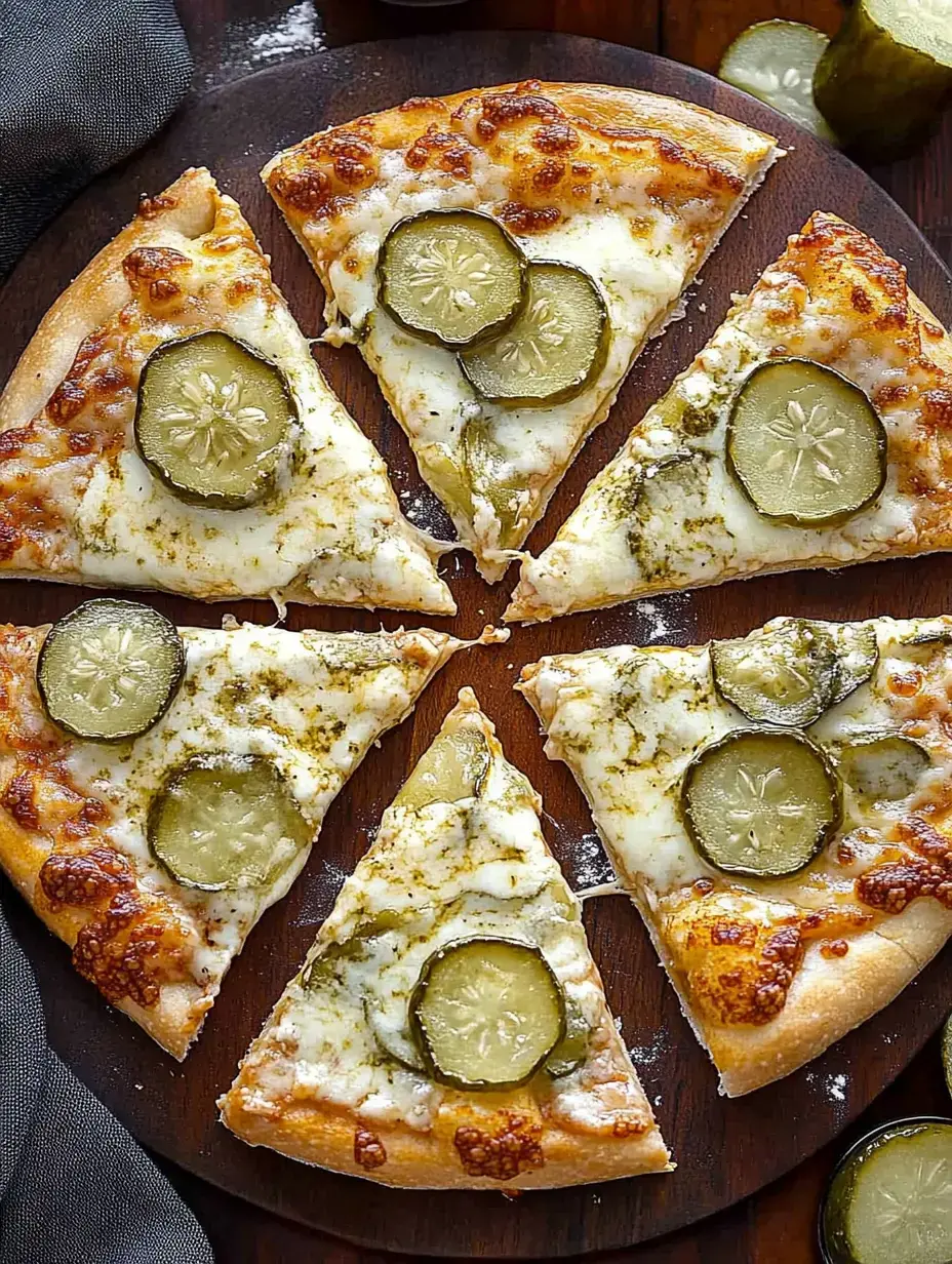 A wooden platter holds six slices of pizza topped with melted cheese and slices of pickles.