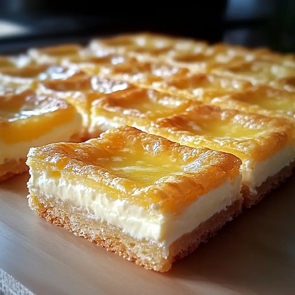 A close-up image of a golden, creamy cheesecake bar with a glossy top sitting on a wooden surface, showcasing layers of crust, cream filling, and a hint of glaze.