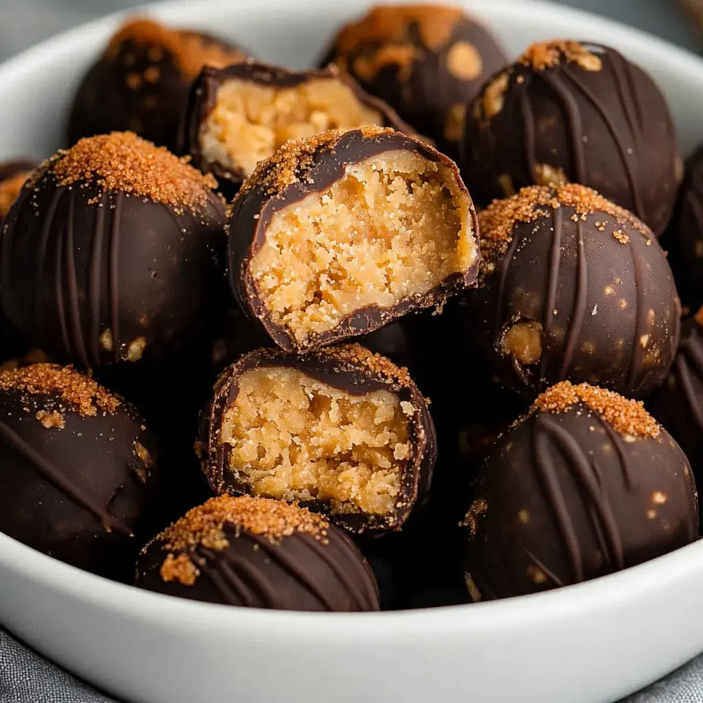 A close-up of chocolate-coated treat balls with a crumbly filling, some of which are split open to reveal the creamy interior.