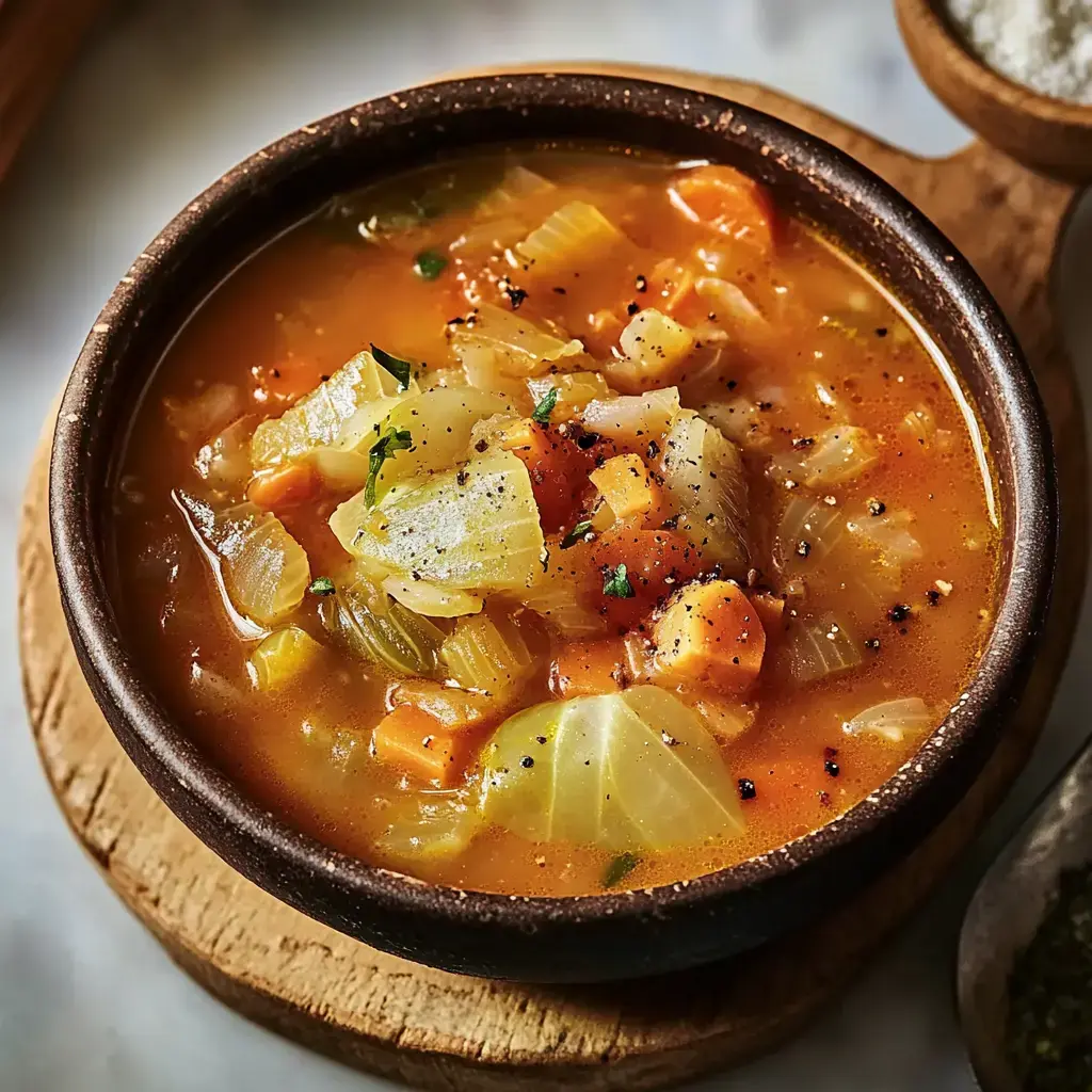 A bowl of vegetable soup with chunks of carrots, celery, and herbs, sitting on a wooden surface.