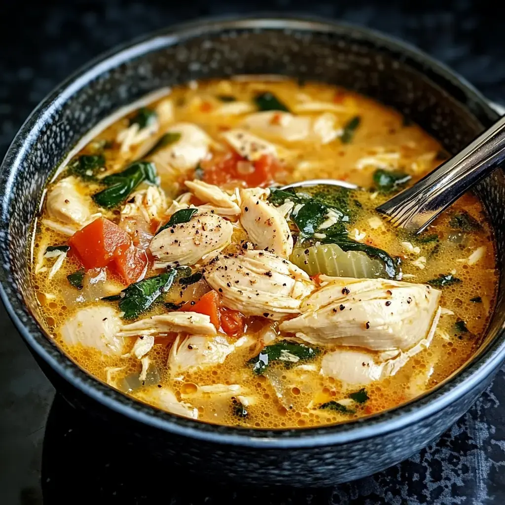 A bowl of chicken soup with shredded chicken, diced tomatoes, spinach, and celery in a rich broth.