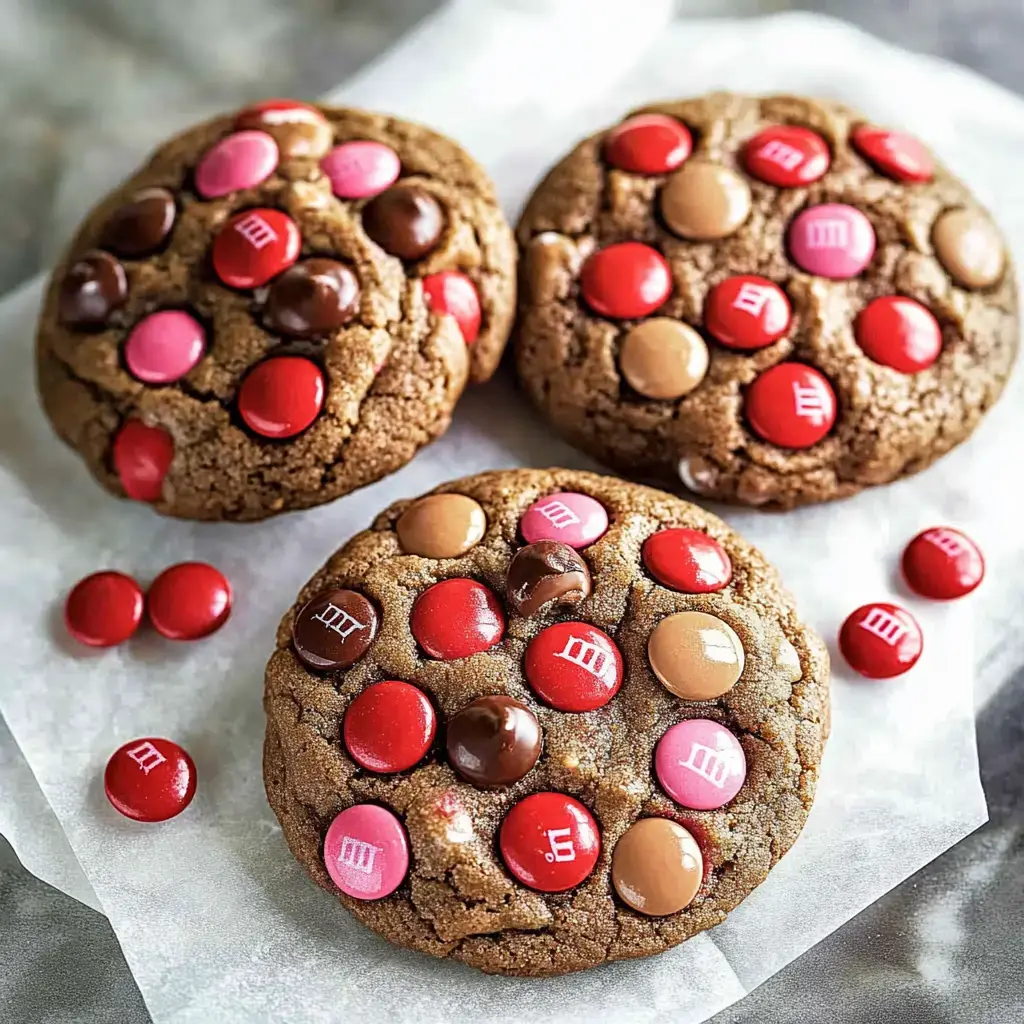 Three large chocolate cookies topped with colorful candy chocolates, placed on a piece of parchment paper.