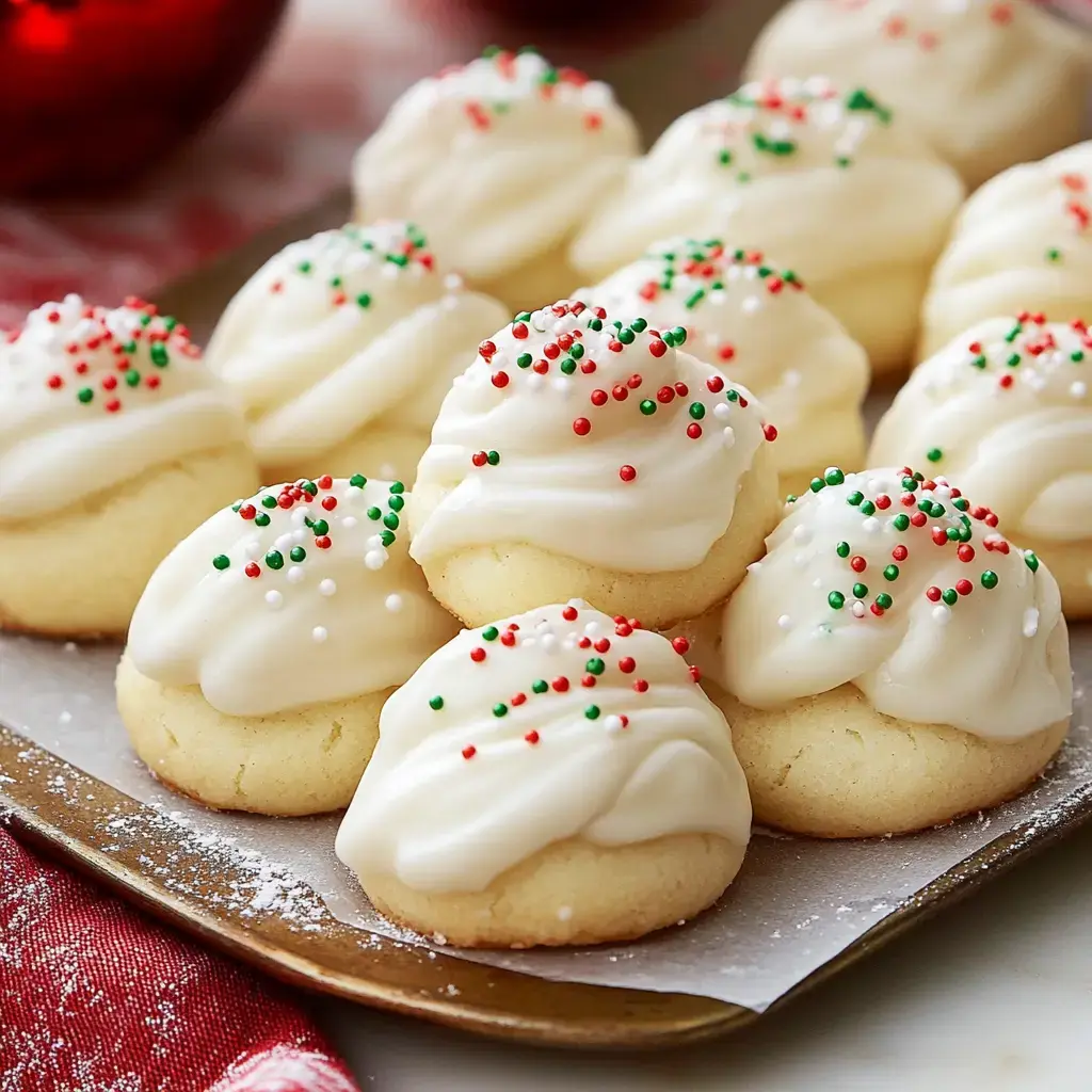 A tray of festive cookies with white icing and red, green, and white sprinkles is displayed, surrounded by holiday decorations.