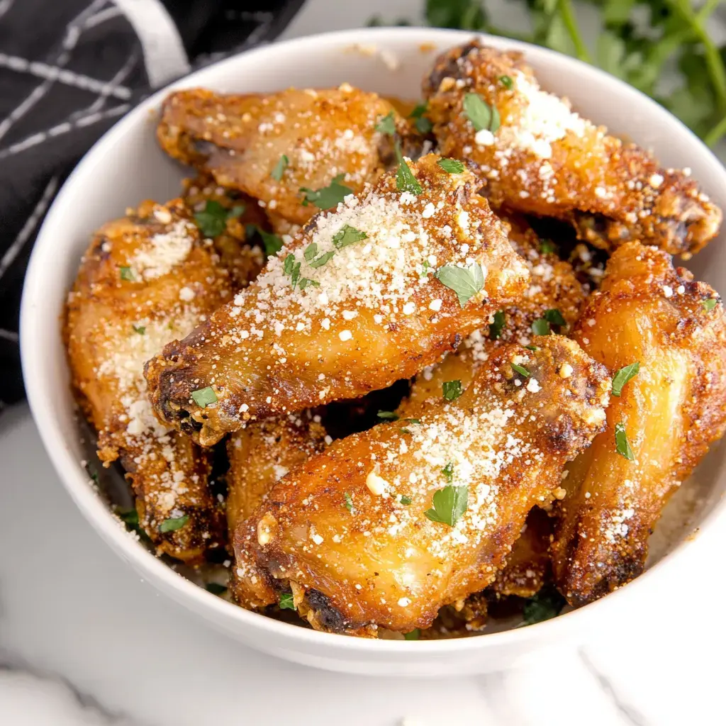 A bowl of crispy chicken wings topped with grated cheese and chopped parsley.