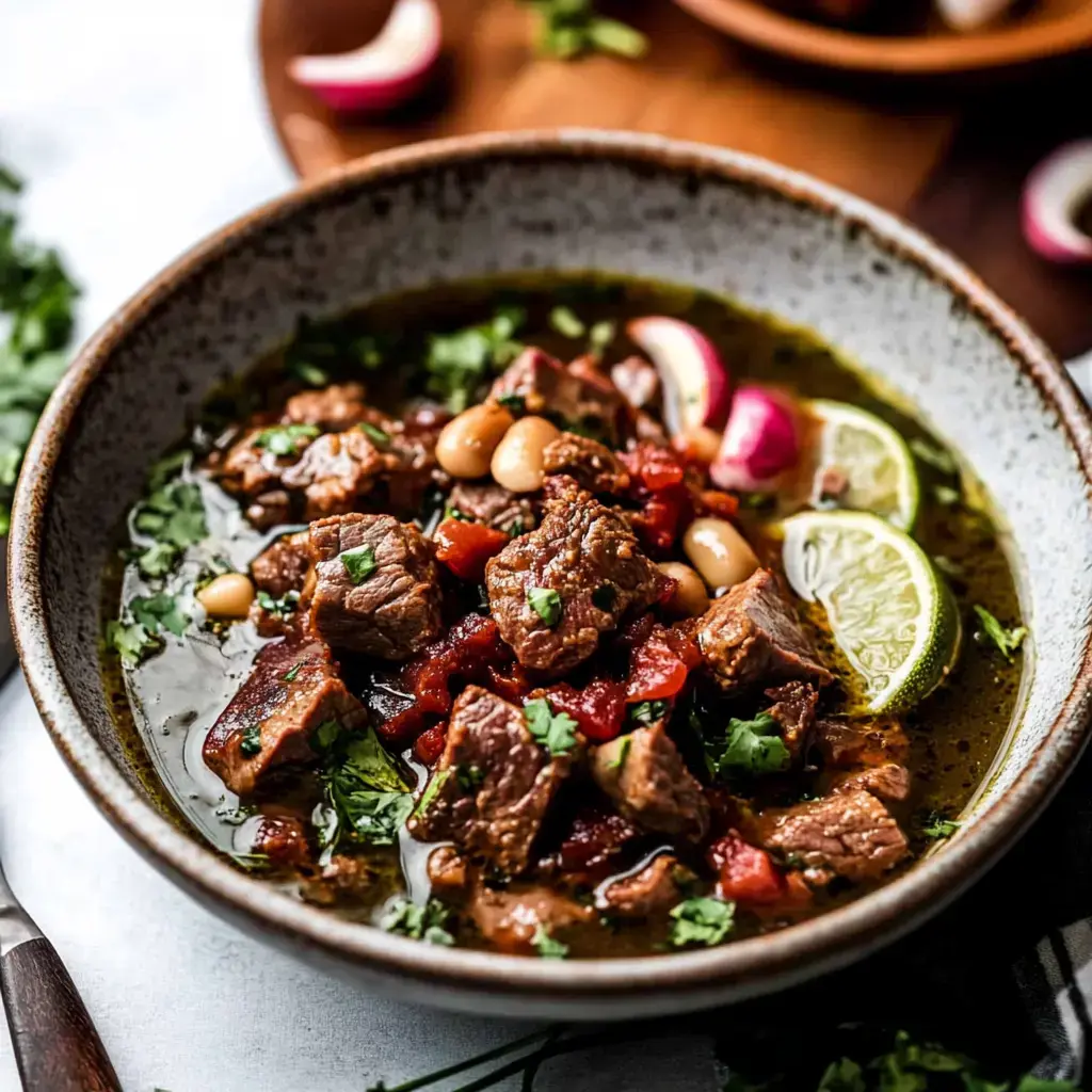 A bowl of flavorful beef stew with beans, tomatoes, and garnished with cilantro and lime wedges.