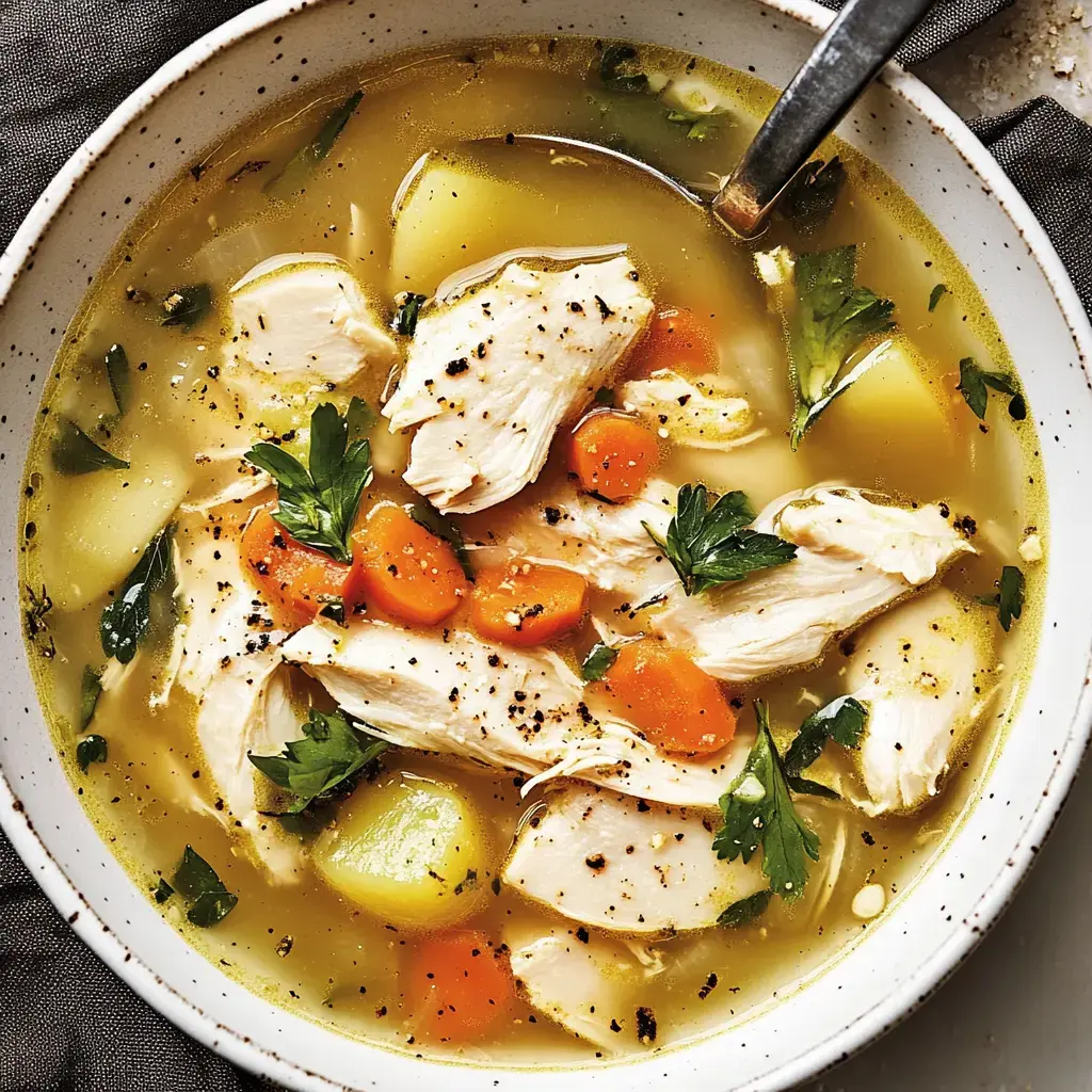 A bowl of hearty chicken soup featuring shredded chicken, diced carrots, potatoes, and fresh parsley in a flavorful broth.