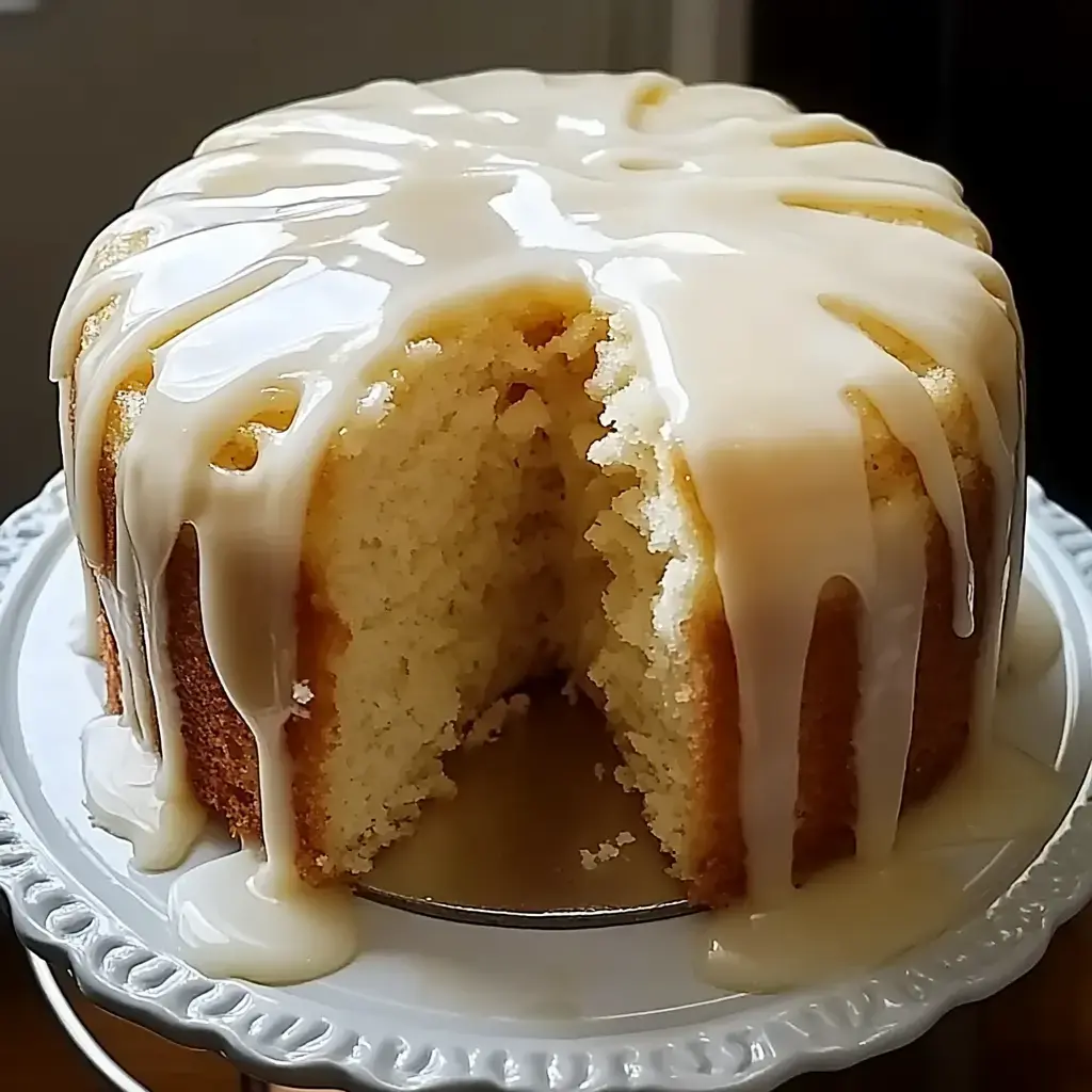 A moist vanilla cake is topped with a creamy glaze, with a slice cut out displaying its soft interior.