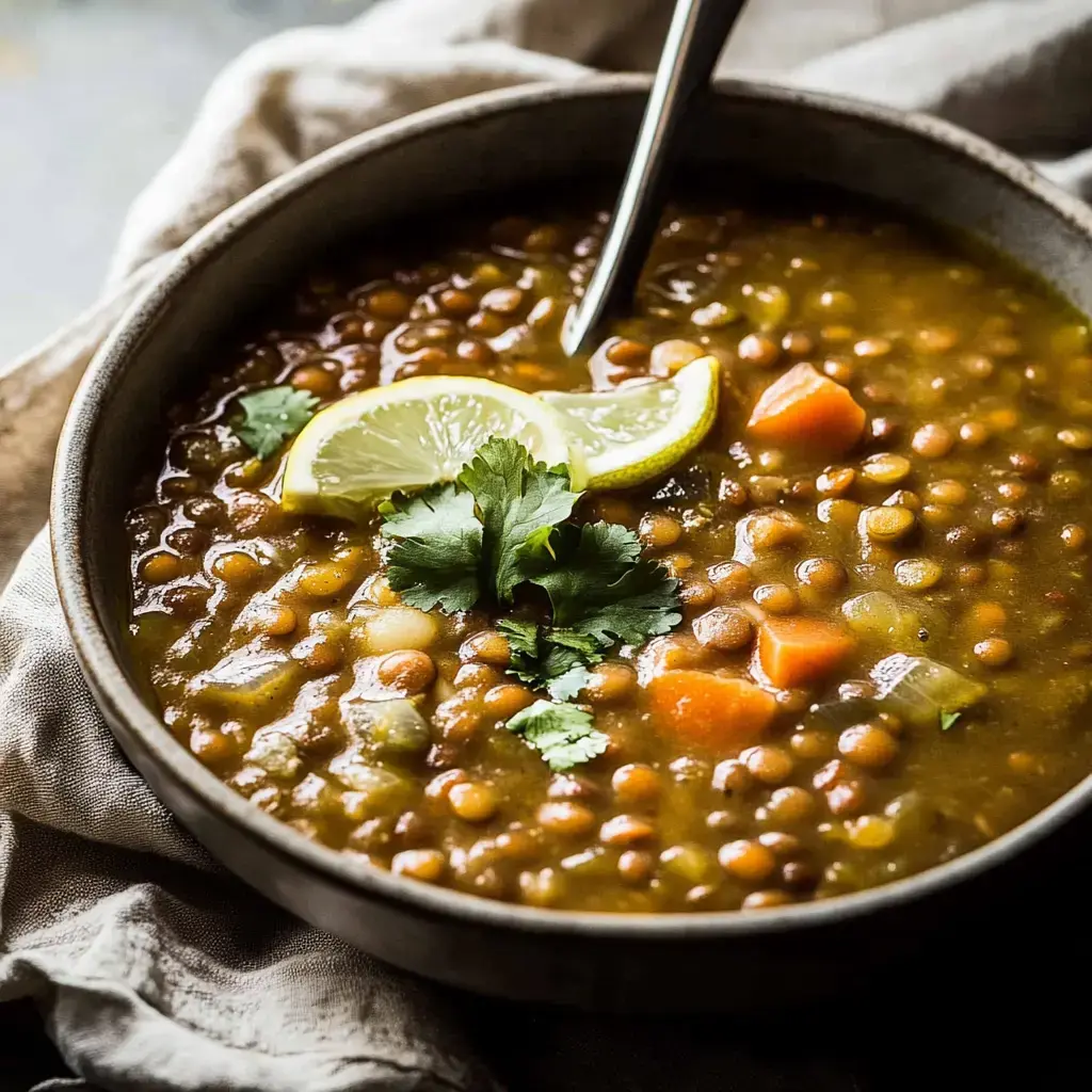 A bowl of lentil soup garnished with lemon slices and fresh cilantro.