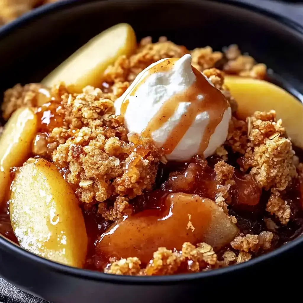 A close-up of a bowl of apple crisp topped with whipped cream and drizzled with caramel sauce.