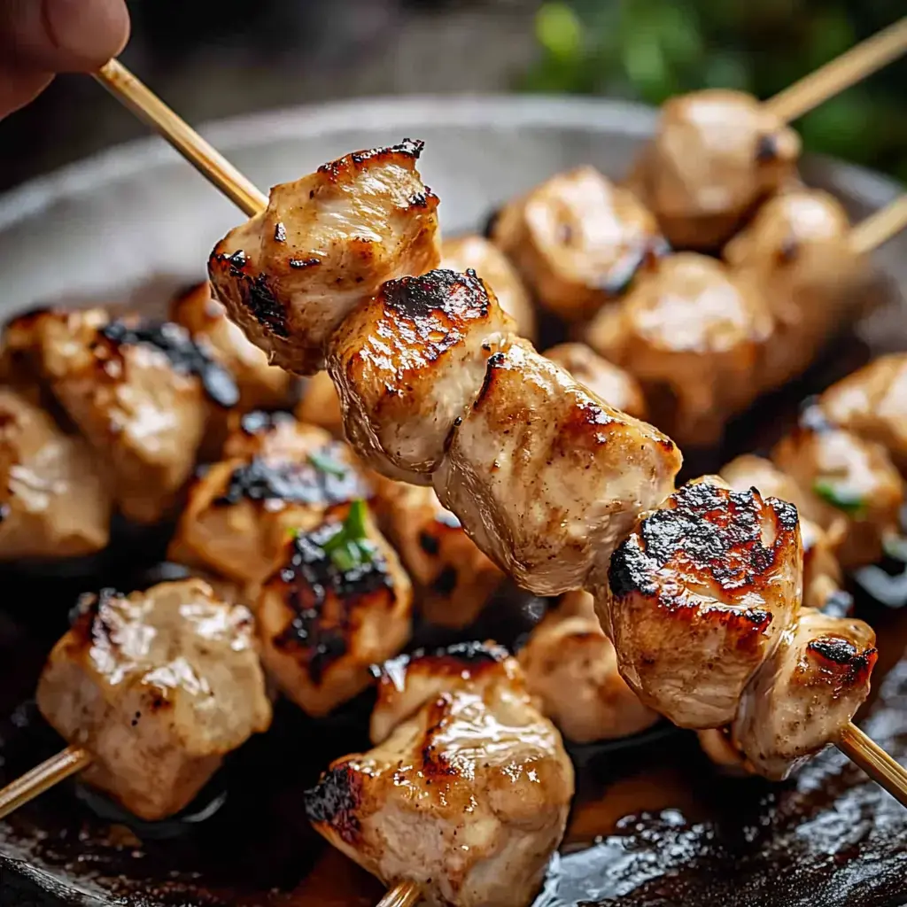 A close-up image of grilled chicken skewers, with one skewer being held above a plate filled with more skewers.