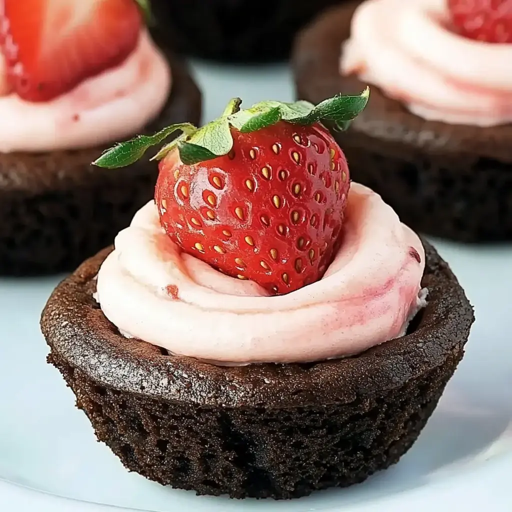 A close-up of a chocolate cupcake topped with pink frosting and a fresh strawberry.