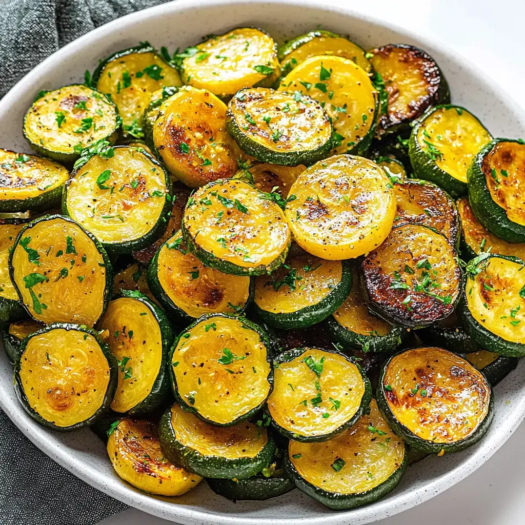 A bowl of freshly sautéed and garnished yellow and green zucchini slices.