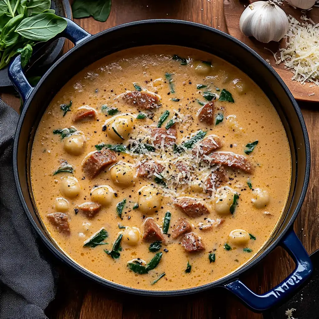 A creamy gnocchi soup with sausage and spinach, topped with grated cheese, in a dark blue pot.