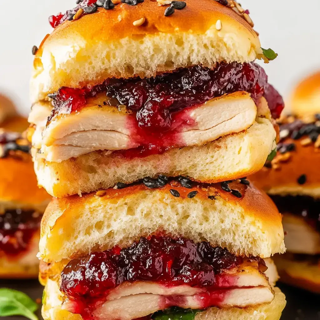 A stacked sandwich featuring layers of chicken, sweet sauce, and sesame-topped buns.