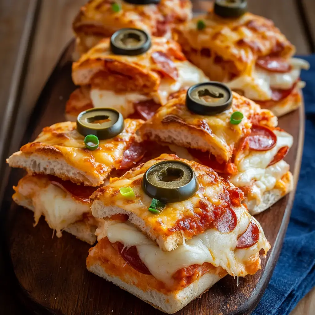 A wooden platter holds several rectangular pieces of cheesy pepperoni pizza topped with black olives and green onions.