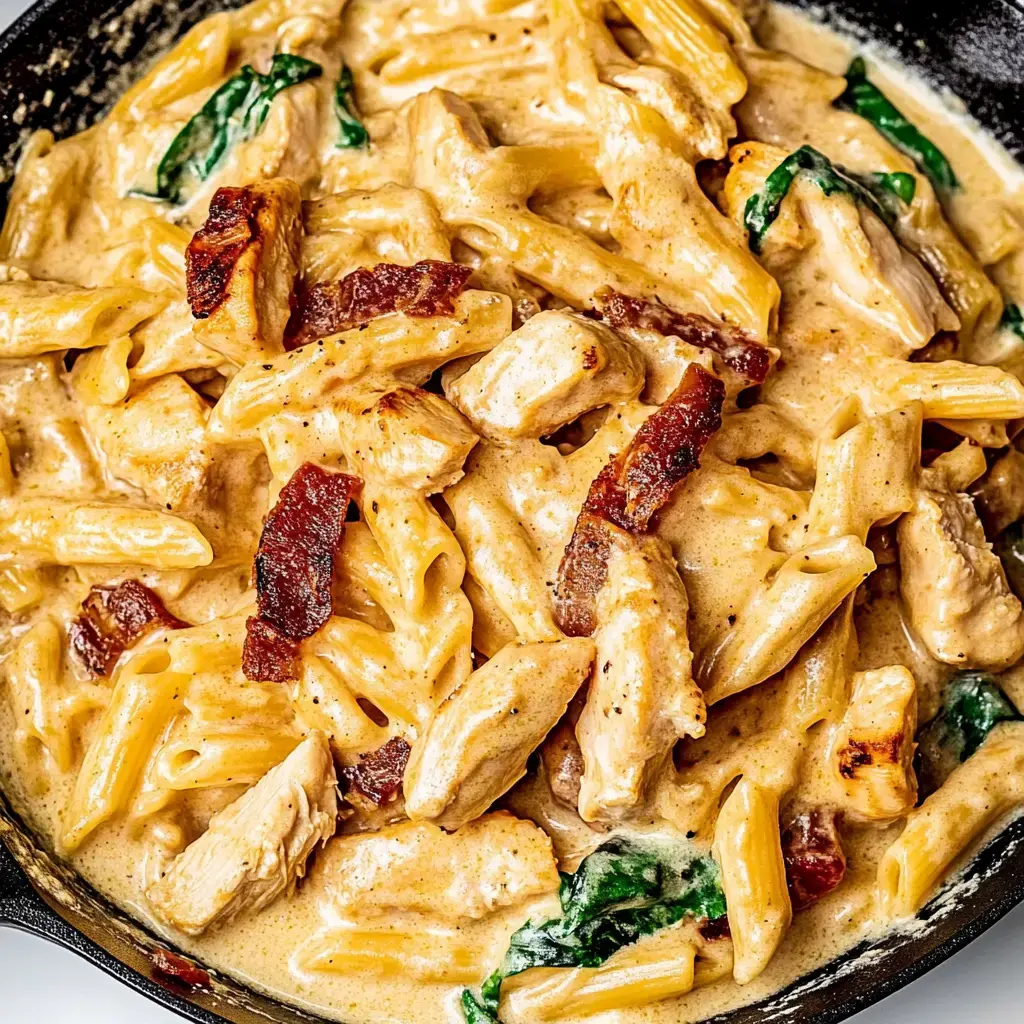 A creamy pasta dish with penne, chicken pieces, crispy bacon, and spinach.