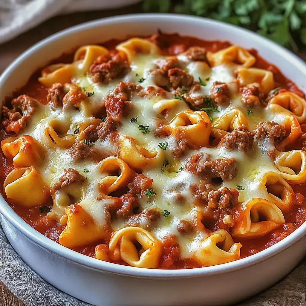 A baked pasta dish featuring rolled noodles topped with ground meat, melted cheese, and herbs in a tomato sauce.