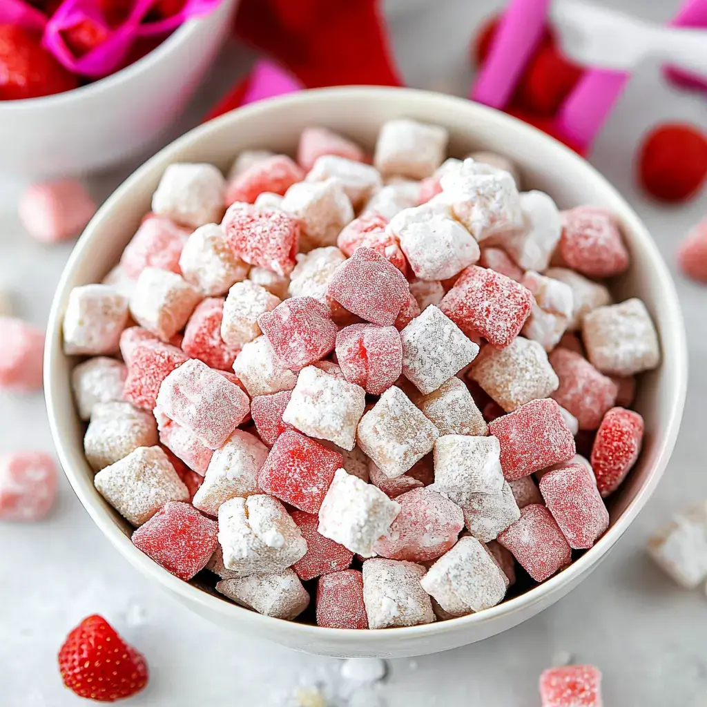 A white bowl filled with pink and white powdered sugar-coated cubes, resembling gummy candies, sits on a light surface with scattered strawberries and decorative items in the background.