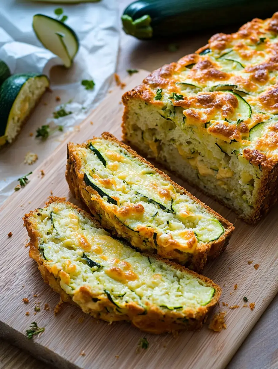 A loaf of zucchini bread is sliced on a wooden board, revealing its cheesy, light-green interior, with whole zucchini beside it.