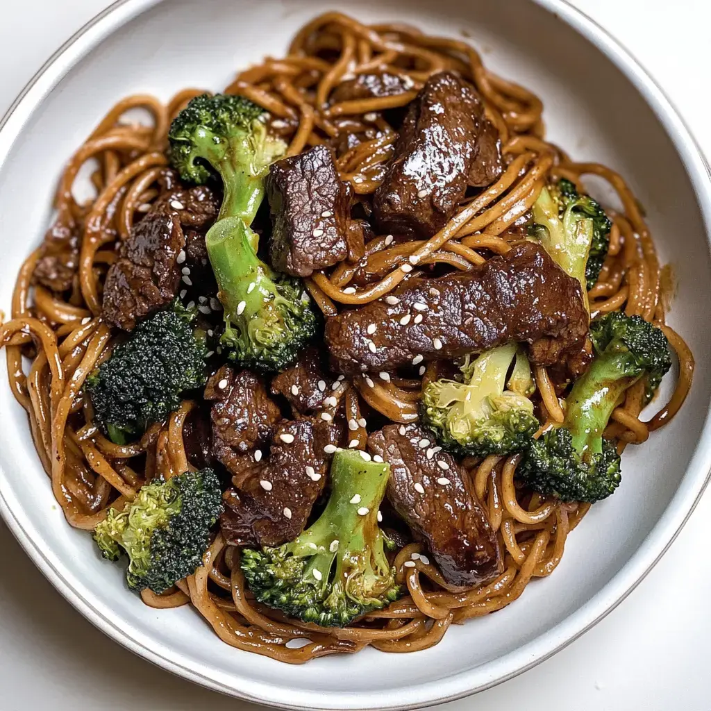 A bowl of noodles mixed with tender beef and broccoli, topped with sesame seeds.