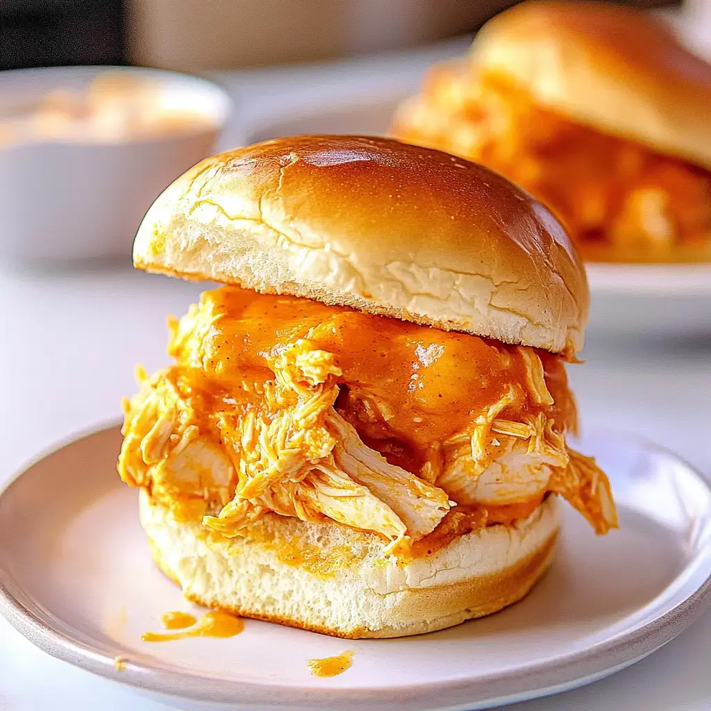 A close-up of a chicken sandwich filled with shredded chicken coated in orange sauce, served on a soft bun.