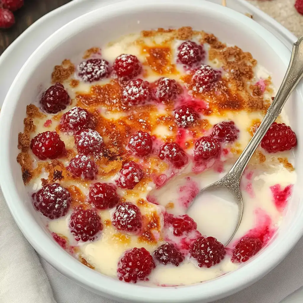 A creamy dessert with raspberries and a golden, crispy topping, served in a white dish with a spoon.