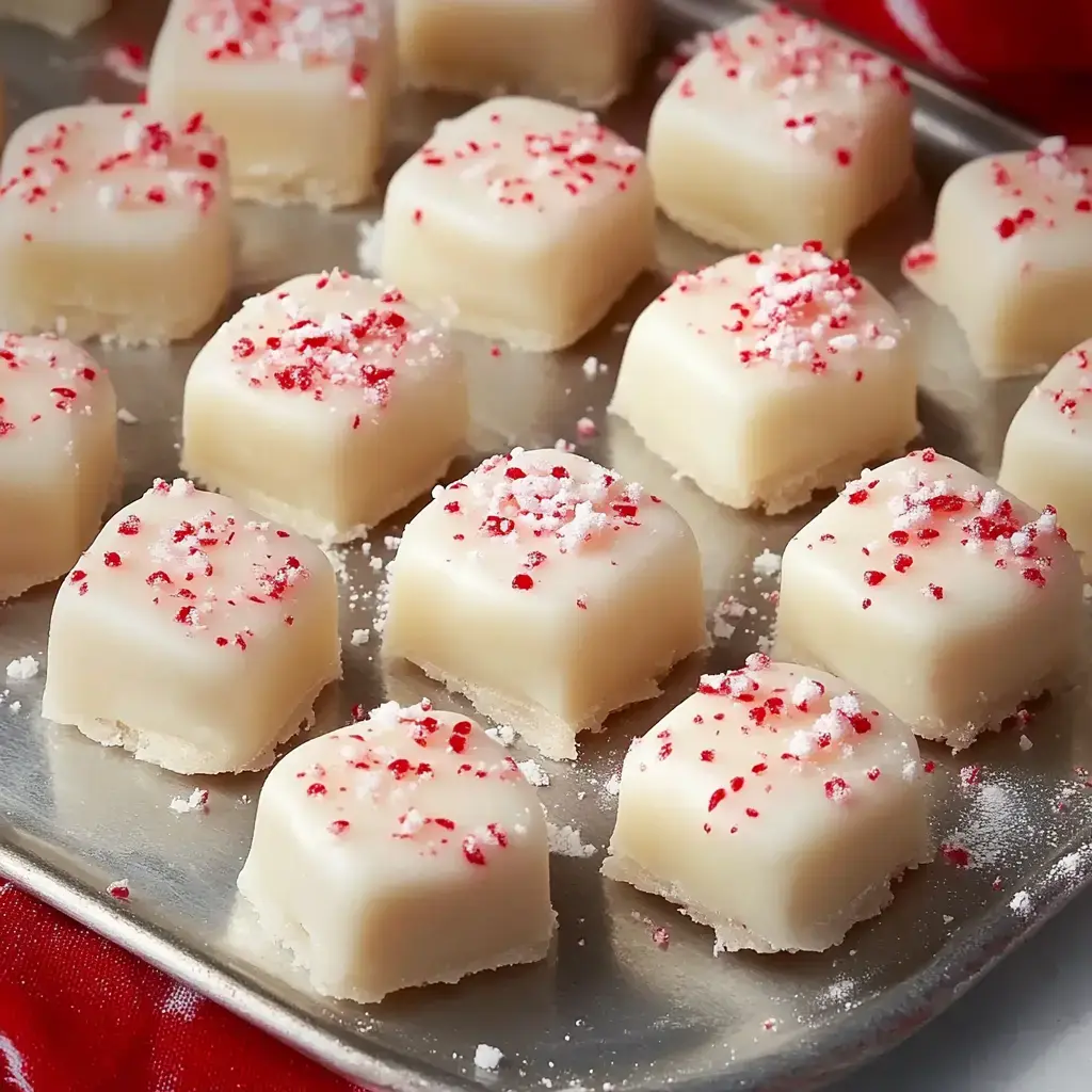 A tray of square peppermint fudge candies topped with red sprinkles.