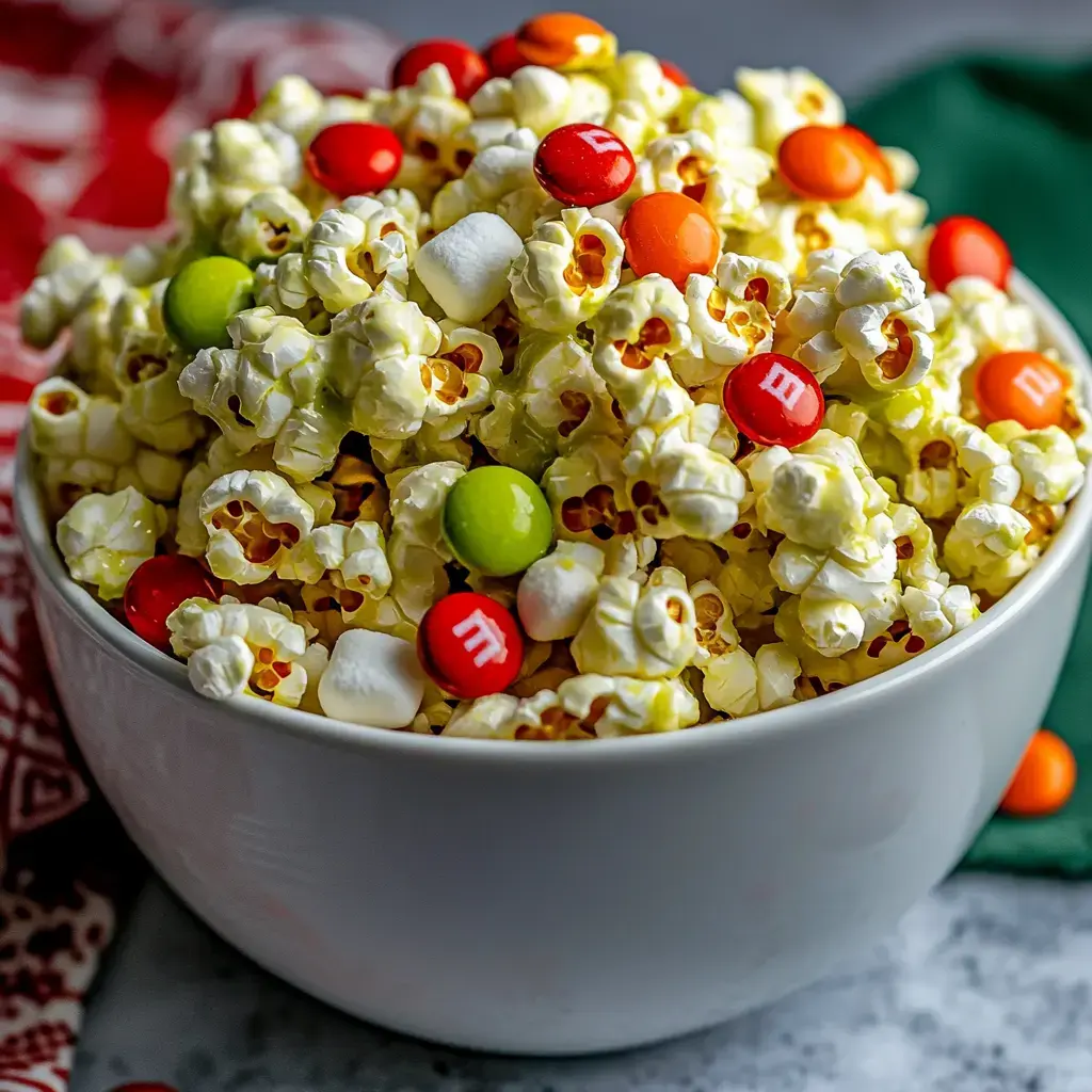 A bowl of popcorn mixed with colorful chocolate candies and small marshmallows.