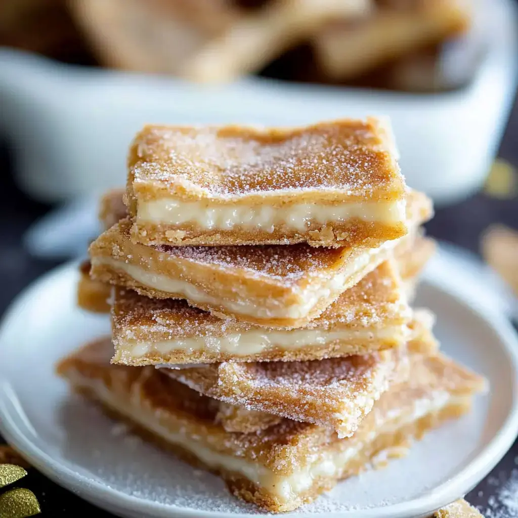 A close-up of a stack of golden-brown dessert squares coated with sugar, revealing a creamy filling inside.