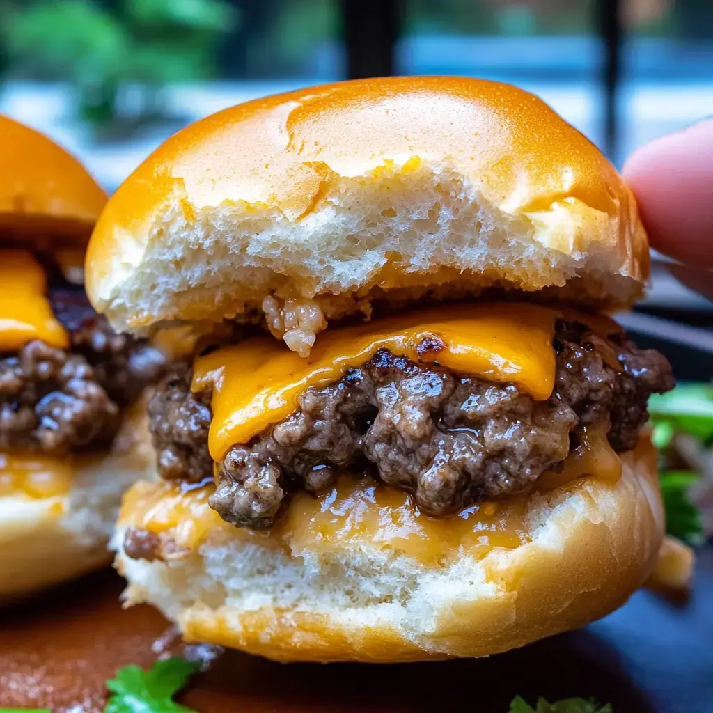 A close-up of a cheeseburger with melted cheddar cheese, revealing a juicy beef patty sandwiched between two soft buns.