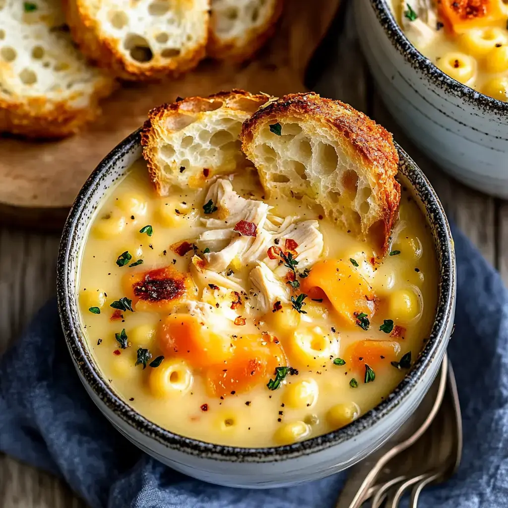 A close-up of a bowl of creamy chicken and macaroni soup, garnished with herbs and served with a slice of toasted bread on top.