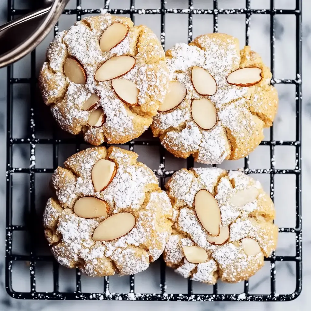 Four almond-topped cookies dusted with powdered sugar are arranged on a cooling rack.