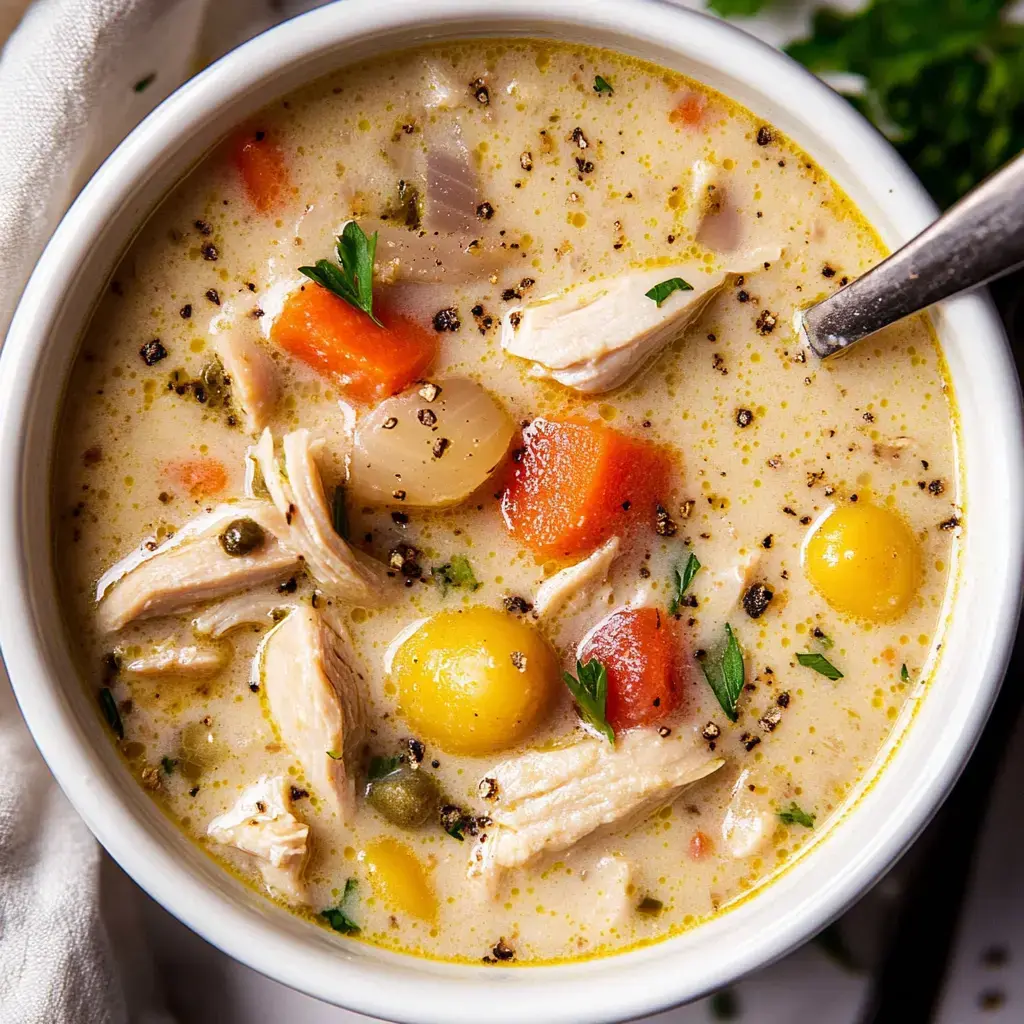 A close-up of a creamy chicken soup filled with shredded chicken, vegetables, and herbs in a white bowl.