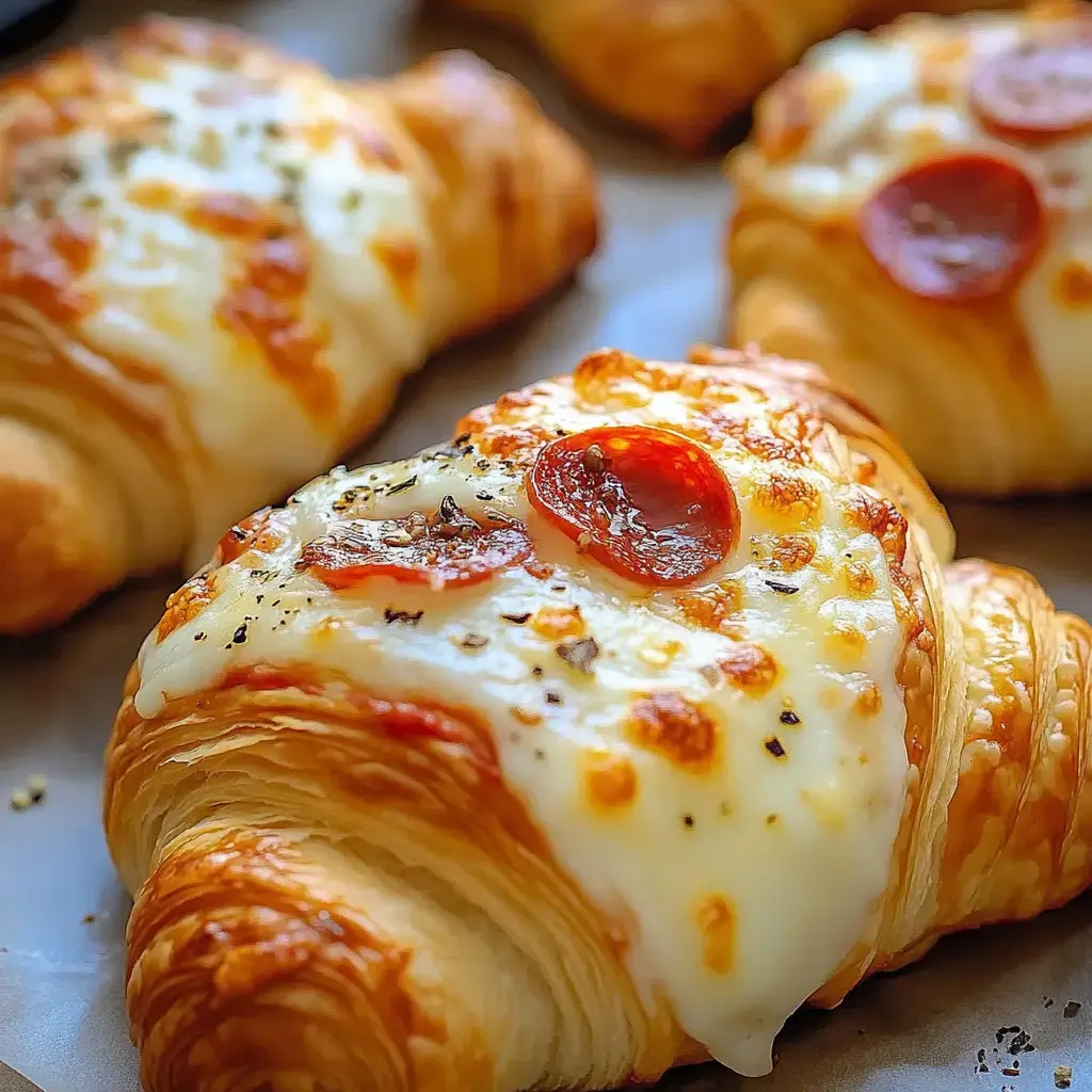 A close-up of golden-brown croissants topped with melted cheese, pepperoni slices, and herbs.