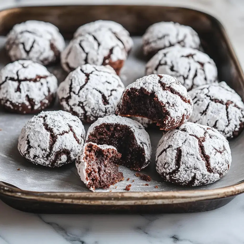 A tray of chocolate crinkle cookies dusted with powdered sugar, some whole and one partially bitten.