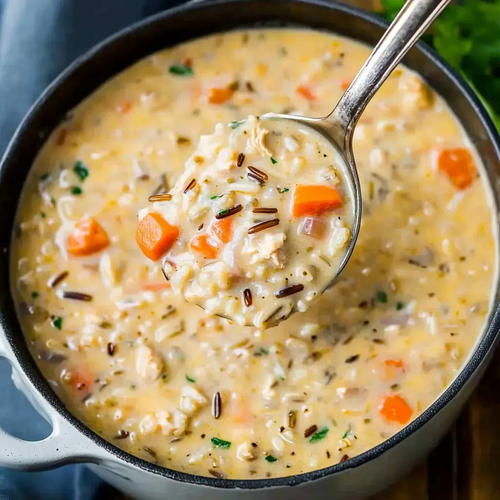 A spoonful of creamy soup with chicken, carrots, and wild rice is being lifted from a pot.