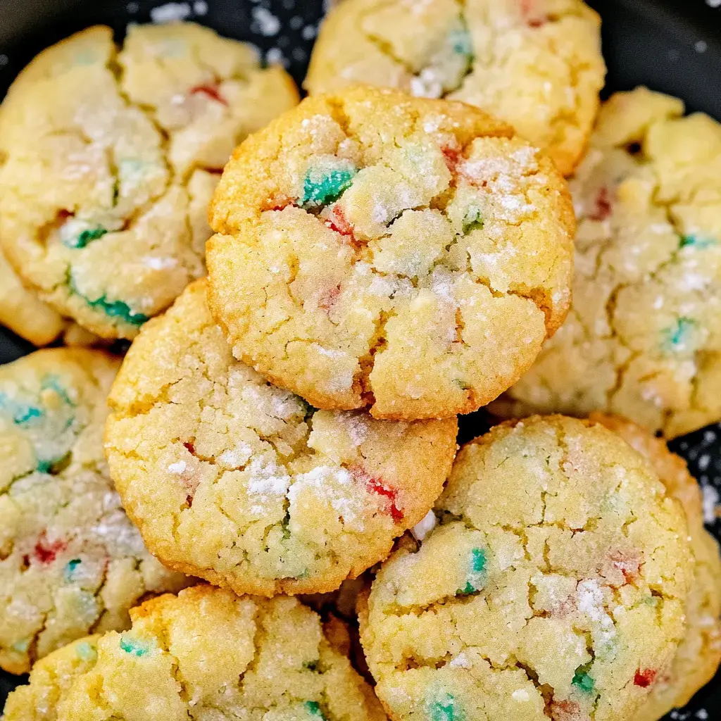 A close-up of a pile of colorful, crumbly cookies dusted with powdered sugar.