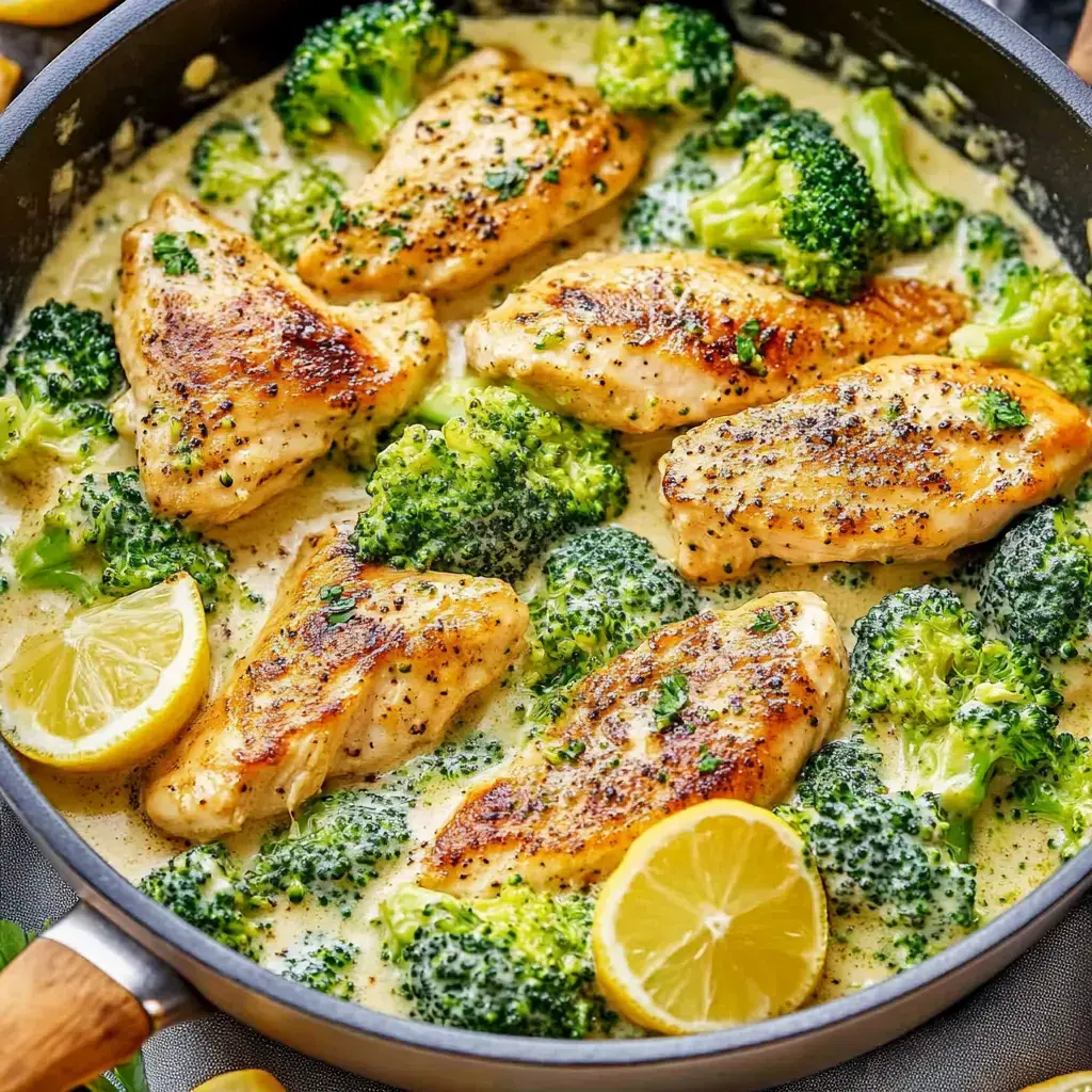 A skillet filled with seared chicken breasts and broccoli in a creamy sauce, garnished with lemon slices.