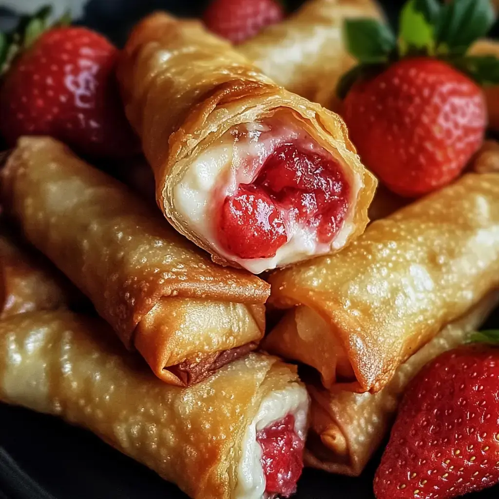 A close-up of crispy rolled pastries filled with strawberries and cream, surrounded by fresh strawberries.