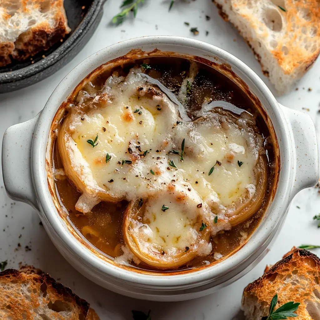 A bowl of French onion soup topped with melted cheese and garnished with thyme, accompanied by toasted bread slices.