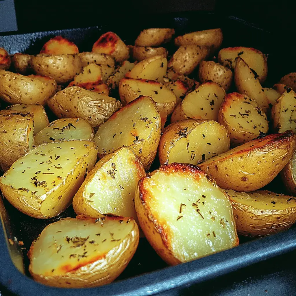 A close-up view of golden-brown roasted potatoes seasoned with herbs in a baking tray.