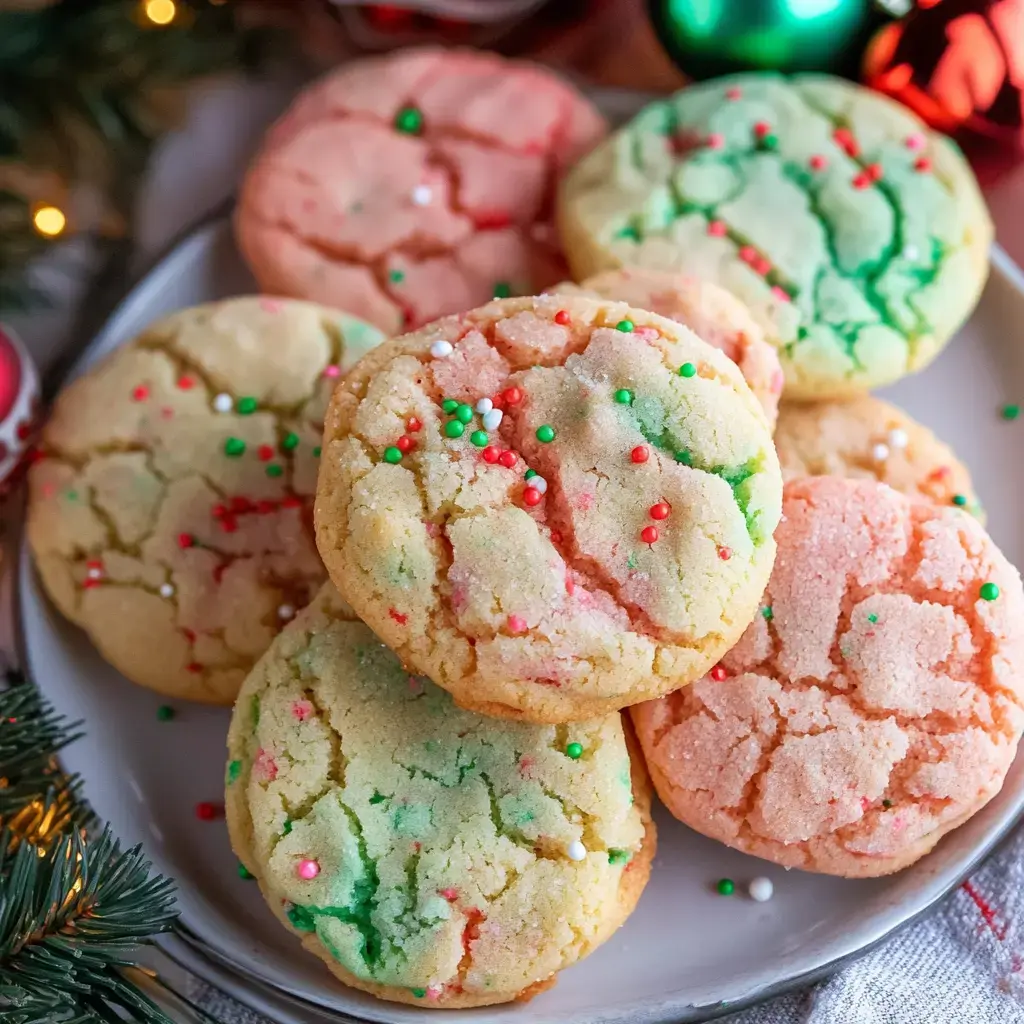 A plate of festive cookies in pastel colors, decorated with red, green, and white sprinkles, is surrounded by holiday decorations.