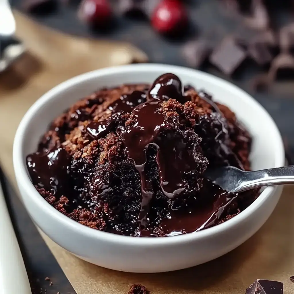 A close-up view of a bowl filled with rich, gooey chocolate cake drizzled with glossy chocolate sauce and a spoon resting beside it.