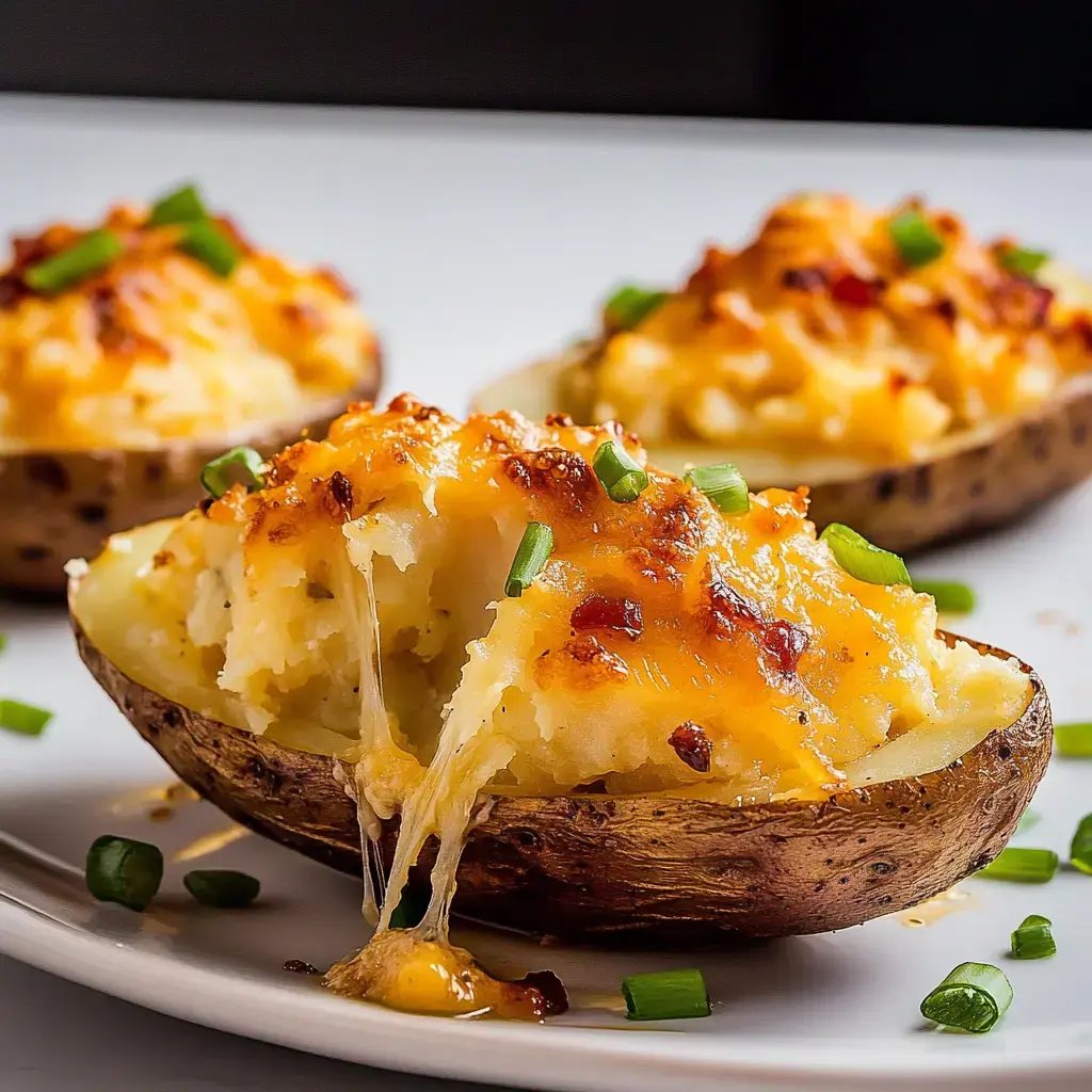 Three baked potato halves topped with melted cheese, green onions, and a golden-brown crust, with one showing gooey cheese oozing out.