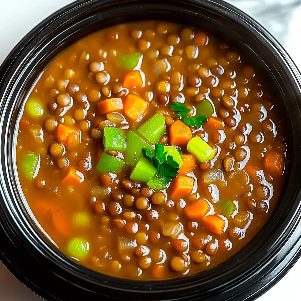 A close-up of a black bowl filled with lentil soup, featuring green peppers, carrots, and garnished with parsley.