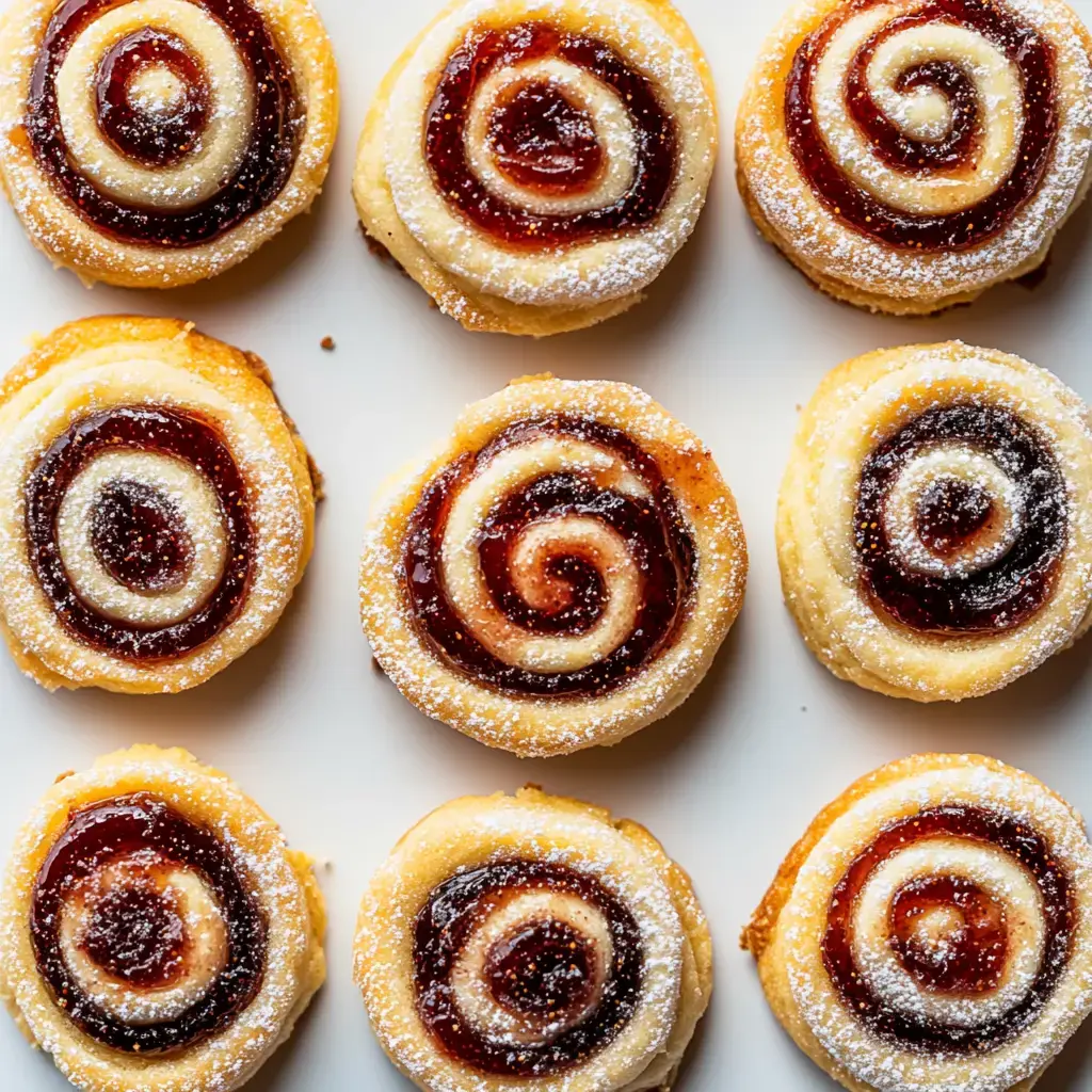 A plate of freshly baked spiral pastries topped with fruit jam and powdered sugar.