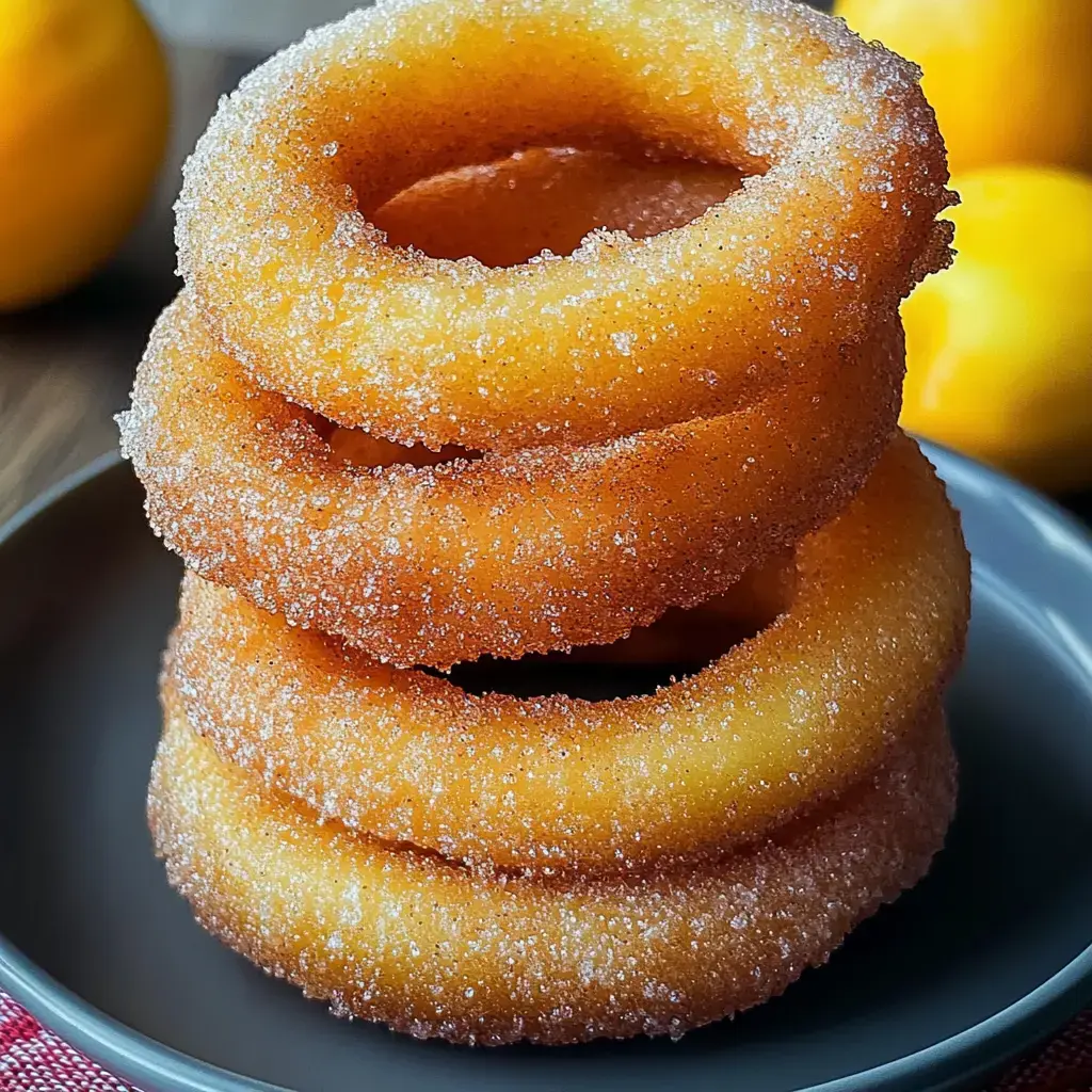 A stack of four sugar-coated doughnut rings on a dark plate, with lemons blurred in the background.