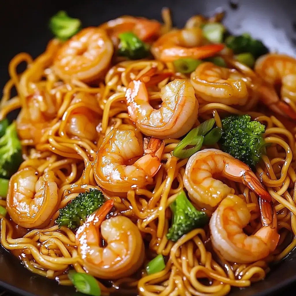 A close-up of shrimp stir-fried with noodles and broccoli in a savory sauce.